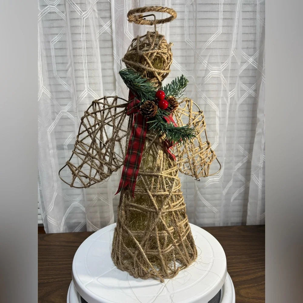Rustic Holiday Angel Figurine with Green and Red Accents 16” H